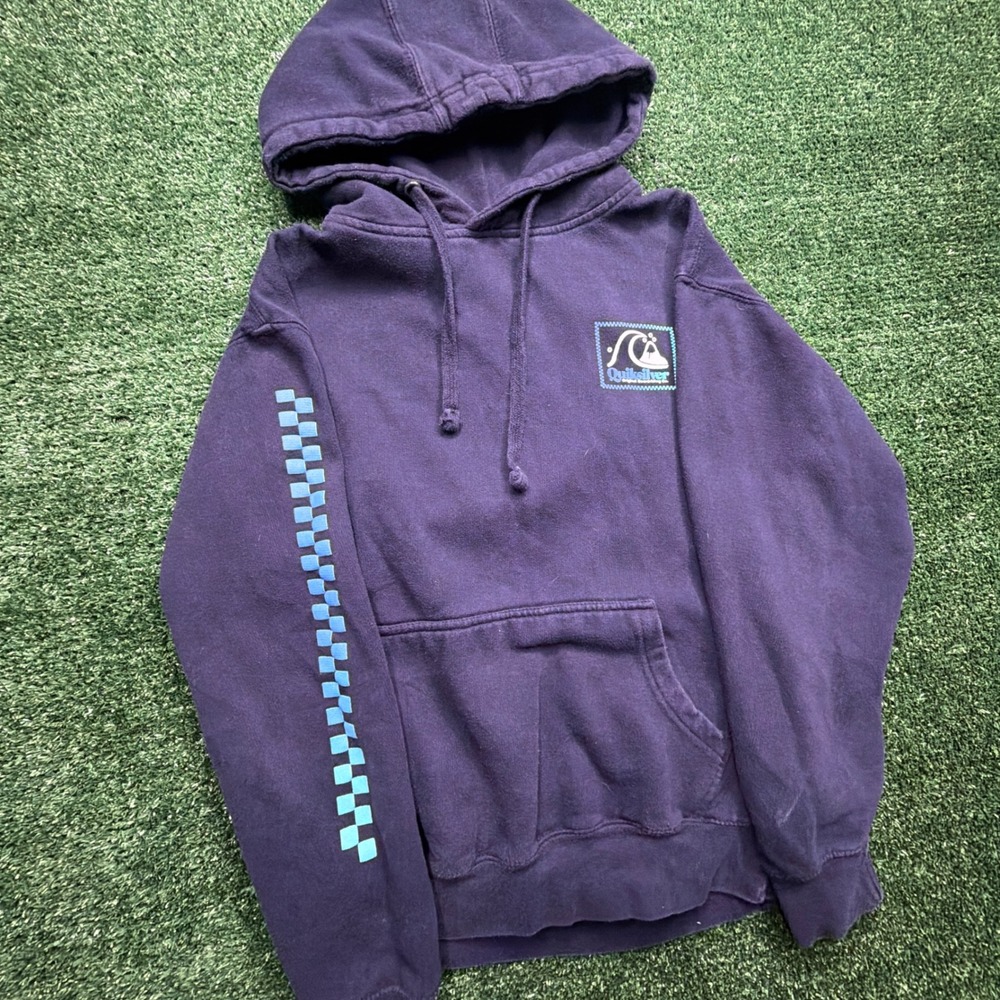 VTG Y2K Quiksilver Mens Navy Blue Graphic Hoodie Checker Sleeve Surf Pullover S